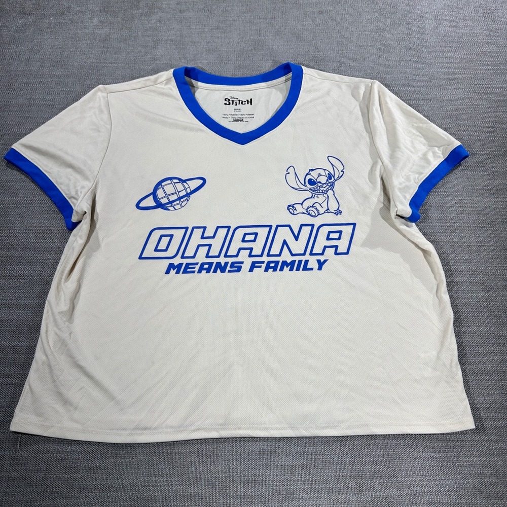 Disney Stitch Jersey‎ T-Shirt Women XXL Cream Blue Excellent Ohana Graphic Tee
